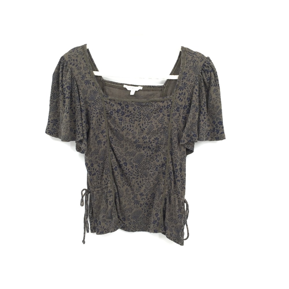 Lucky Brand Green puff Sleeve Floral tie side Top boho renaissance cottagecore M